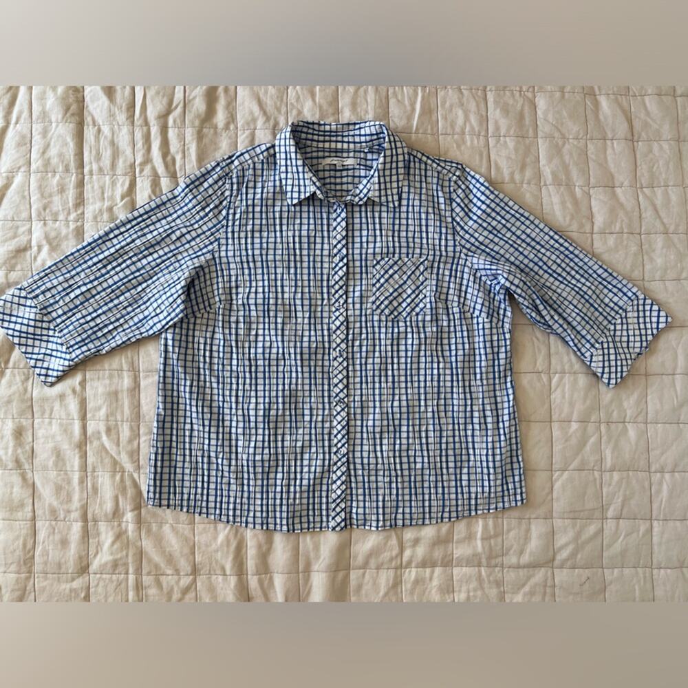 Foxcroft Womens Blue & White Mary Crinkle Gingham Combo Button Down Shirt - 22W
